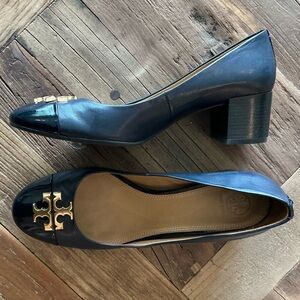 Tory Burch Everly Navy Leather and Patent Cap Toe Pumps, 9.5